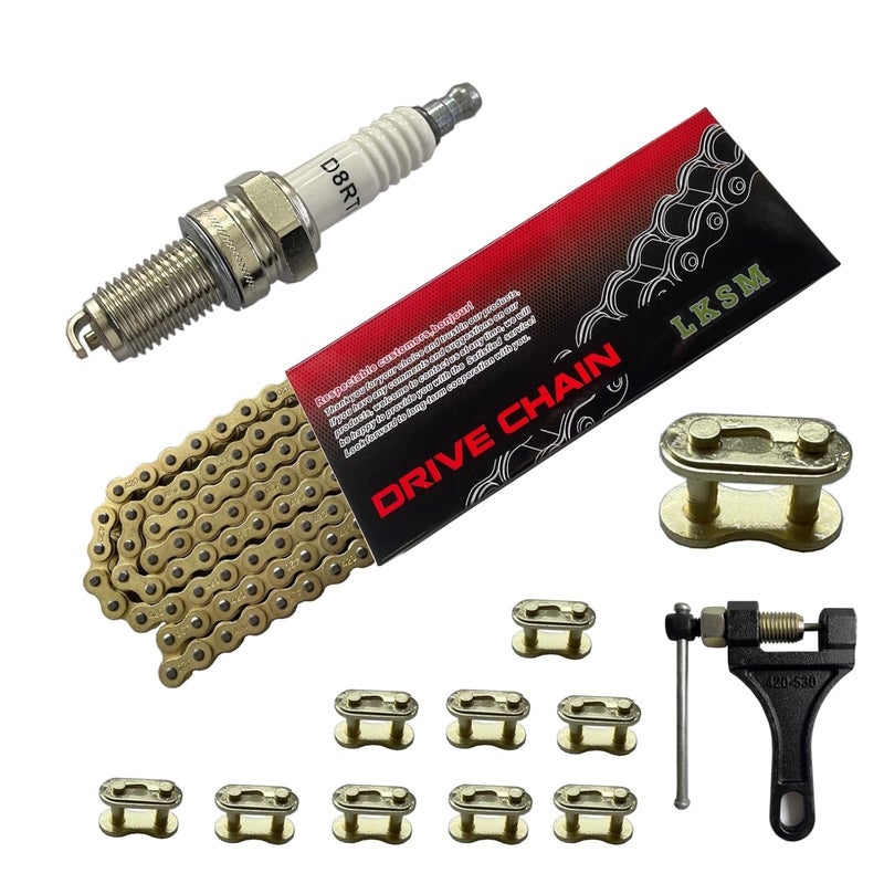 LUSM Gold 420 Motorcycle Chain 132 Link Standard with Chain Breaker 10 Connecting Master Link for 100cc 110cc 125cc Dirt Pit Bike ATV Quad Go Kart Mini Bike Scooter - Image 1